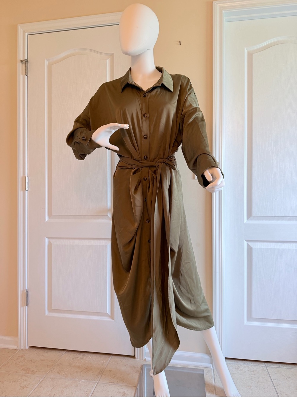 NEW Women’s Olive Green Button-Front Satin Effect Shirt Dress Waist Tie Size XL